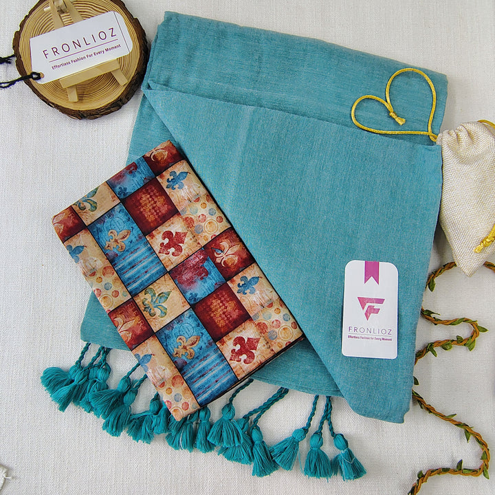 Teal Handloom Cotton Saree With Tassels & Printed Blouse-Fronlioz