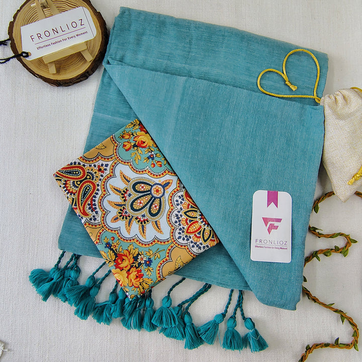 Teal Handloom Cotton Saree With Tassels & Printed Blouse-Fronlioz