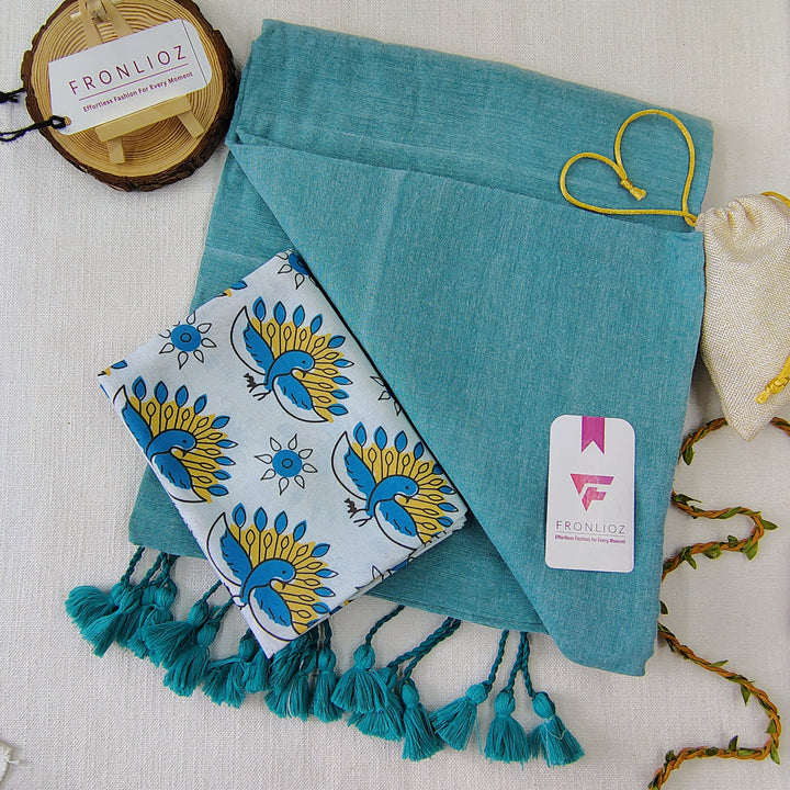 Teal Handloom Cotton Saree With Tassels & Printed Blouse-Fronlioz