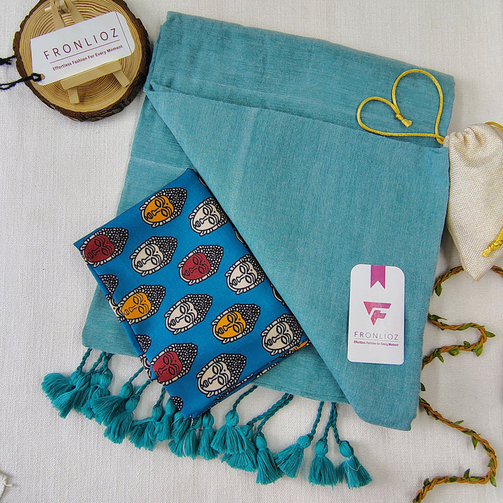 Teal Handloom Cotton Saree With Tassels & Printed Blouse-Fronlioz