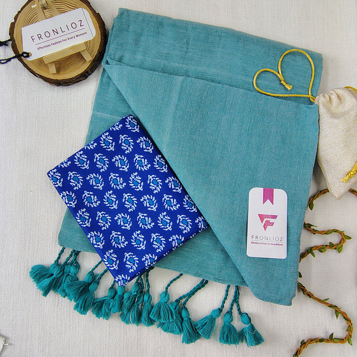 Teal Handloom Cotton Saree With Tassels & Printed Blouse-Fronlioz