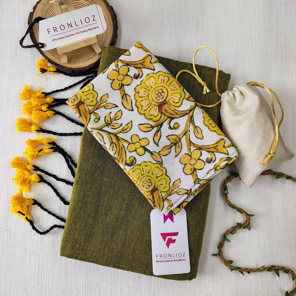 Pista Handloom Cotton Saree With Tassels & Printed Blouse-Fronlioz