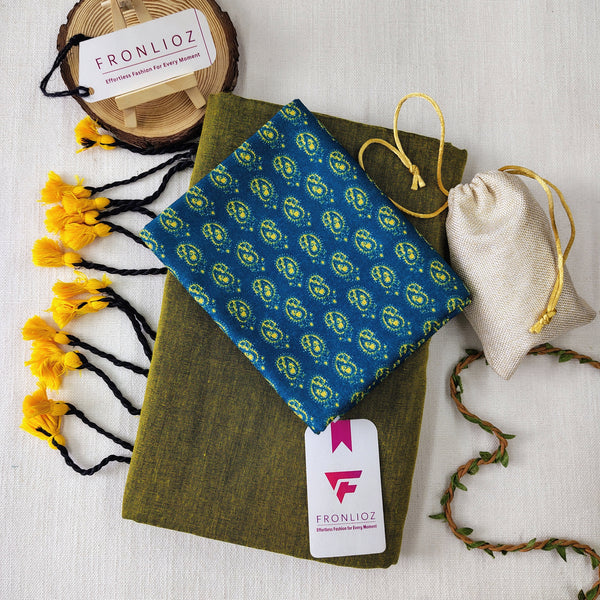 Pista Handloom Cotton Saree With Tassels & Printed Blouse-Fronlioz