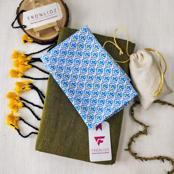 Pista Handloom Cotton Saree With Tassels & Printed Blouse-Fronlioz