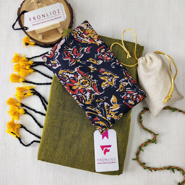 Pista Handloom Cotton Saree With Tassels & Printed Blouse-Fronlioz