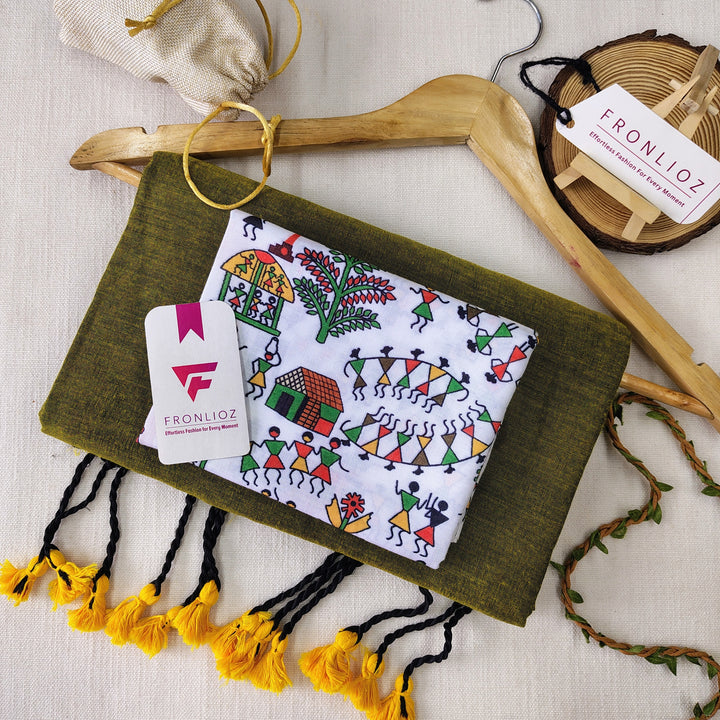 Pista Handloom Cotton Saree With Tassels & Printed Blouse-Fronlioz