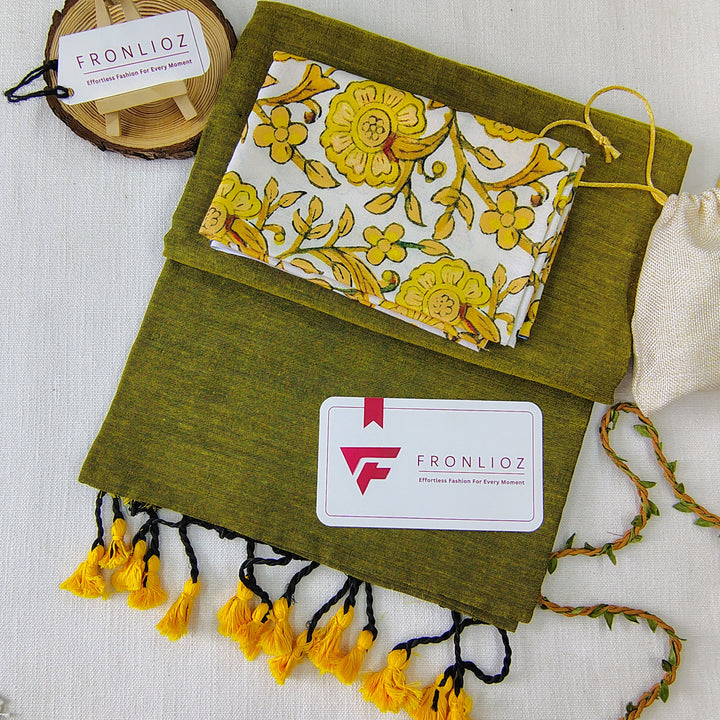 Pista Handloom Cotton Saree With Tassels & Printed Blouse-Fronlioz