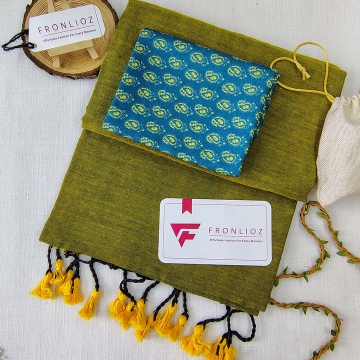Pista Handloom Cotton Saree With Tassels & Printed Blouse-Fronlioz