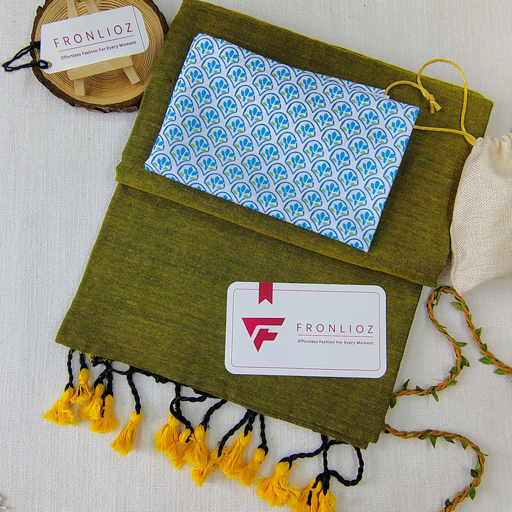 Pista Handloom Cotton Saree With Tassels & Printed Blouse-Fronlioz