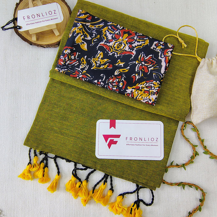 Pista Handloom Cotton Saree With Tassels & Printed Blouse-Fronlioz
