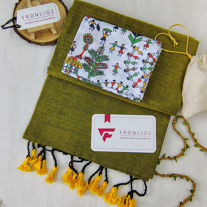 Pista Handloom Cotton Saree With Tassels & Printed Blouse-Fronlioz