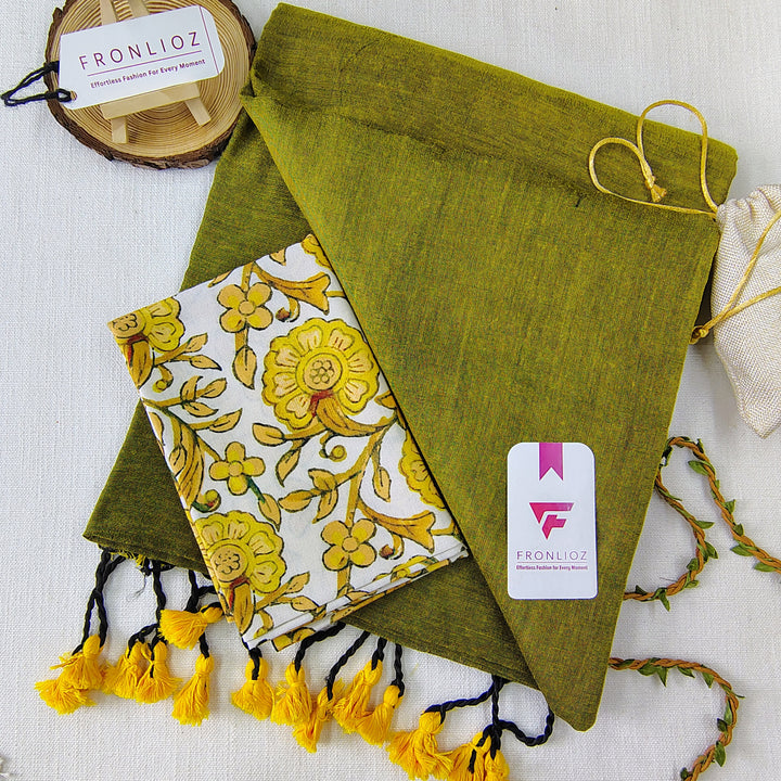 Pista Handloom Cotton Saree With Tassels & Printed Blouse-Fronlioz