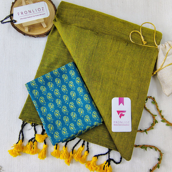 Pista Handloom Cotton Saree With Tassels & Printed Blouse-Fronlioz