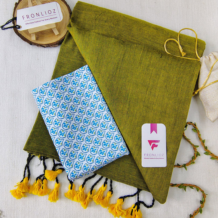 Pista Handloom Cotton Saree With Tassels & Printed Blouse-Fronlioz