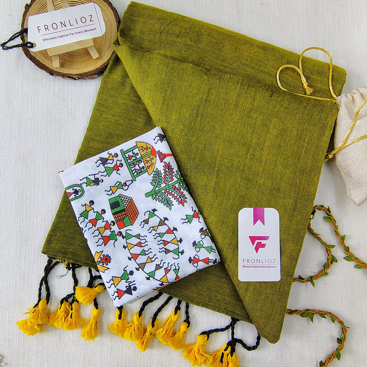 Pista Handloom Cotton Saree With Tassels & Printed Blouse-Fronlioz