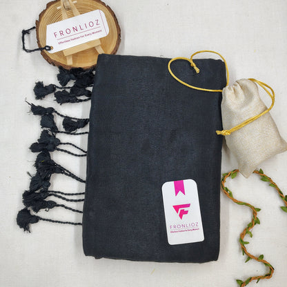Black Handloom Cotton Saree With Tassels & Printed Blouse-Fronlioz