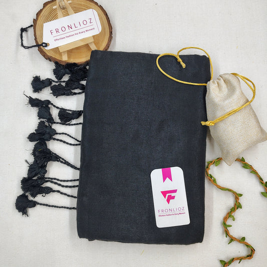 Black Handloom Cotton Saree With PomPom-Fronlioz