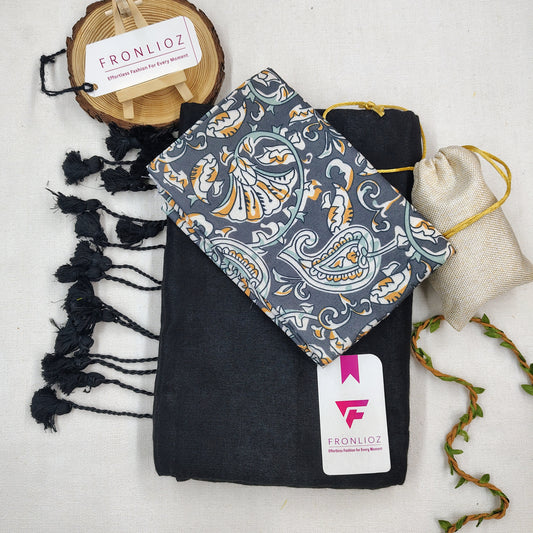 Black Handloom Cotton Saree With Tassels & Printed Blouse-Fronlioz