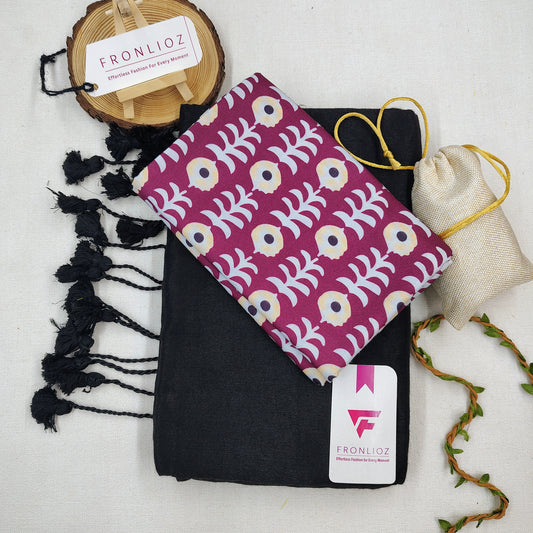 Black Handloom Cotton Saree With Tassels & Printed Blouse-Fronlioz