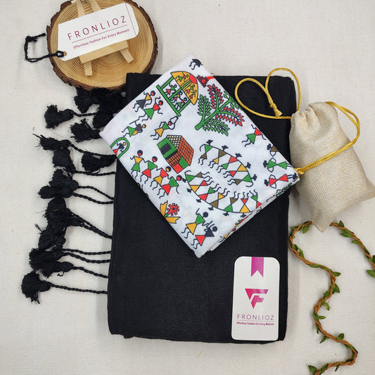 Black Handloom Cotton Saree With Tassels & Printed Blouse-Fronlioz