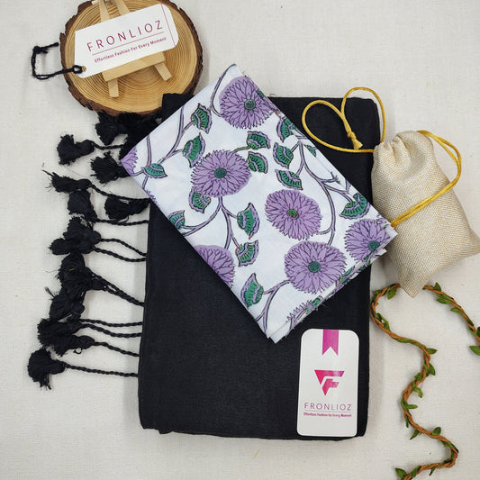 Black Handloom Cotton Saree With Tassels & Printed Blouse-Fronlioz