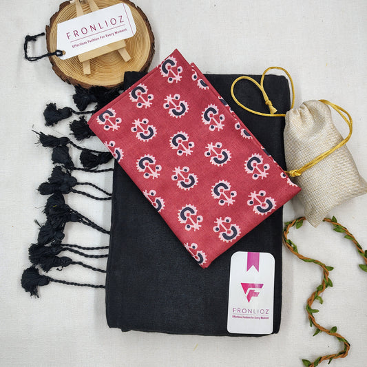 Black Handloom Cotton Saree With Tassels & Printed Blouse-Fronlioz