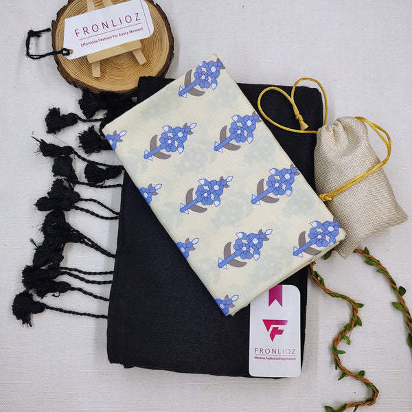 Black Handloom Cotton Saree With Tassels & Printed Blouse-Fronlioz