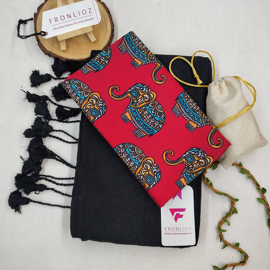 Black Handloom Cotton Saree With Tassels & Printed Blouse-Fronlioz
