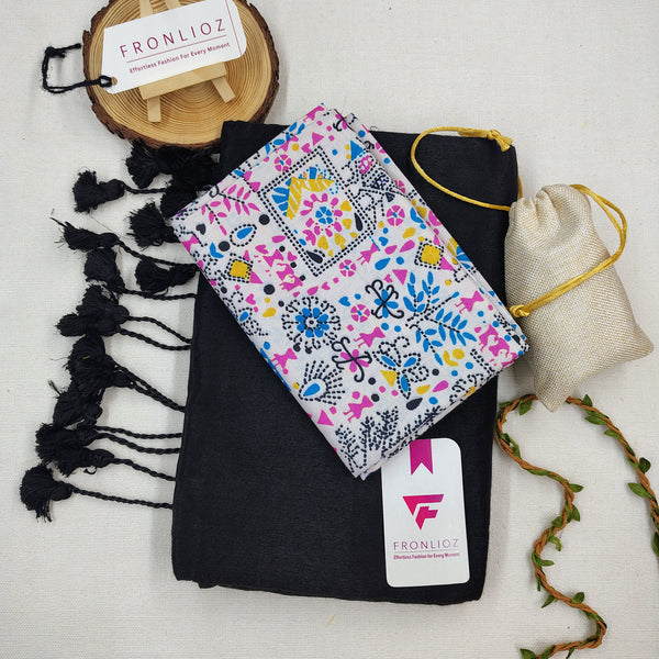 Black Handloom Cotton Saree With Tassels & Printed Blouse-Fronlioz