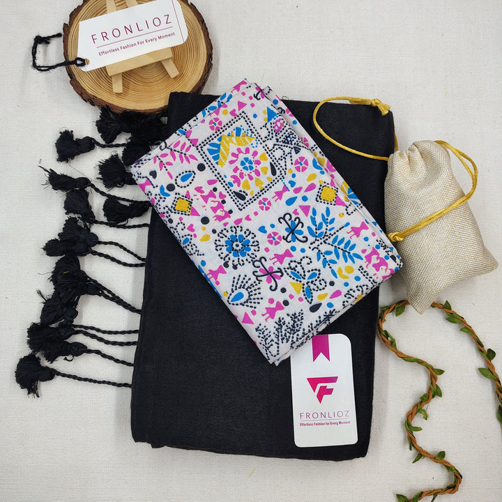 Black Handloom Cotton Saree With Tassels & Printed Blouse-Fronlioz