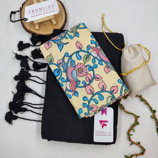 Black Handloom Cotton Saree With Tassels & Printed Blouse-Fronlioz