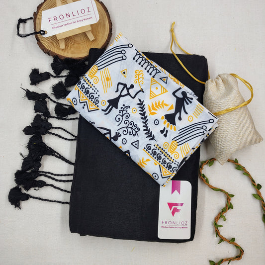 Black Handloom Cotton Saree With Tassels & Printed Blouse-Fronlioz