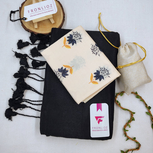 Black Handloom Cotton Saree With Tassels & Printed Blouse-Fronlioz