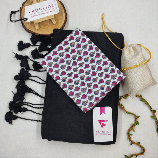 Black Handloom Cotton Saree With Tassels & Printed Blouse-Fronlioz