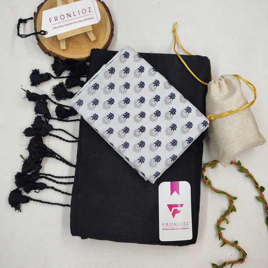 Black Handloom Cotton Saree With Tassels & Printed Blouse-Fronlioz