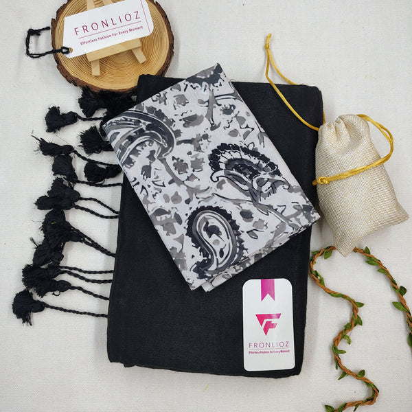 Black Handloom Cotton Saree With Tassels & Printed Blouse-Fronlioz