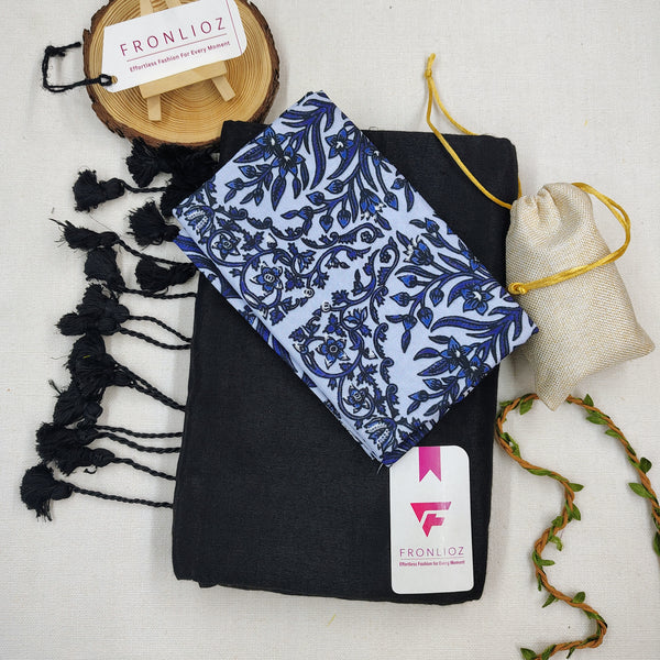 Black Handloom Cotton Saree With Tassels & Printed Blouse-Fronlioz