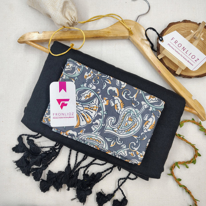 Black Handloom Cotton Saree With Tassels & Printed Blouse-Fronlioz