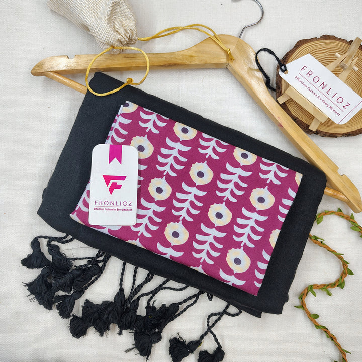 Black Handloom Cotton Saree With Tassels & Printed Blouse-Fronlioz