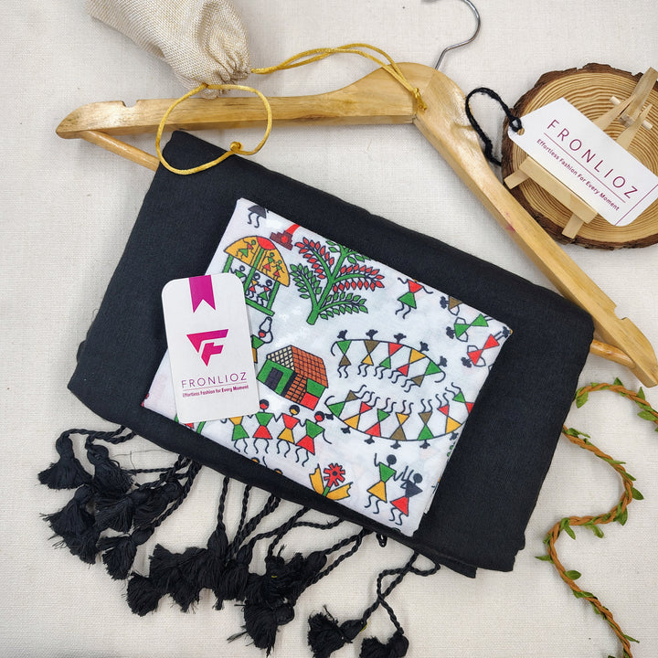 Black Handloom Cotton Saree With Tassels & Printed Blouse-Fronlioz