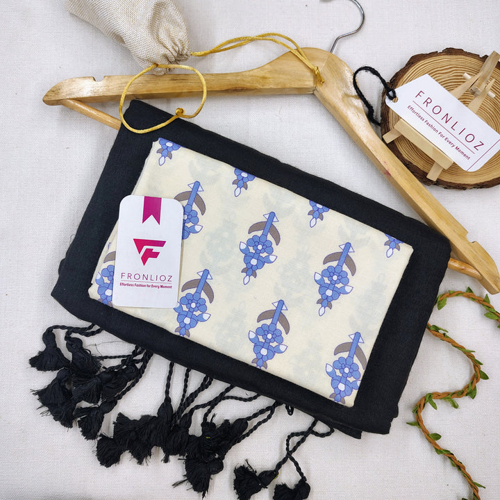 Black Handloom Cotton Saree With Tassels & Printed Blouse-Fronlioz