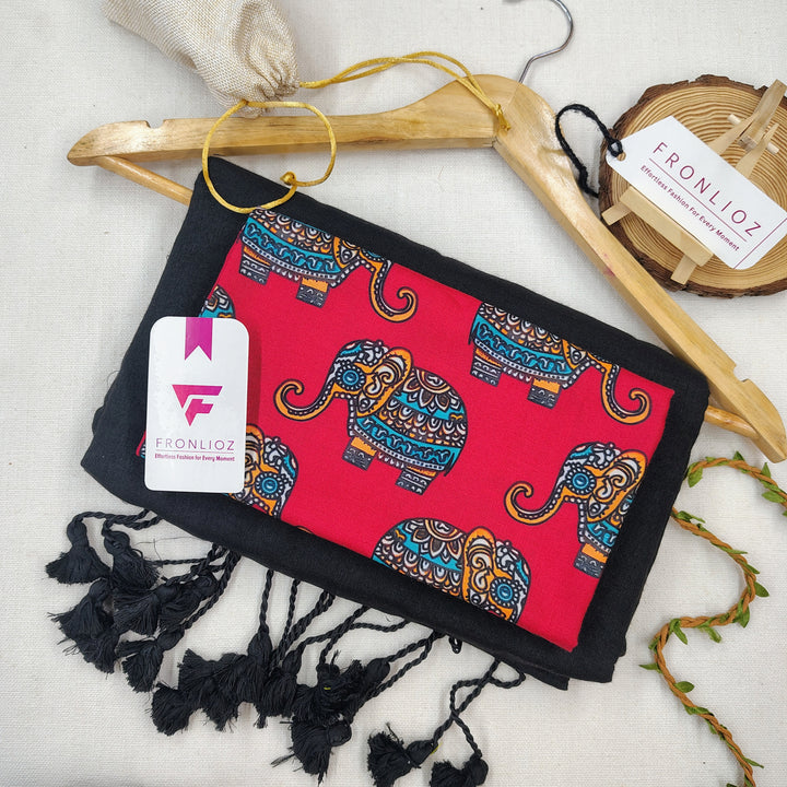 Black Handloom Cotton Saree With Tassels & Printed Blouse-Fronlioz