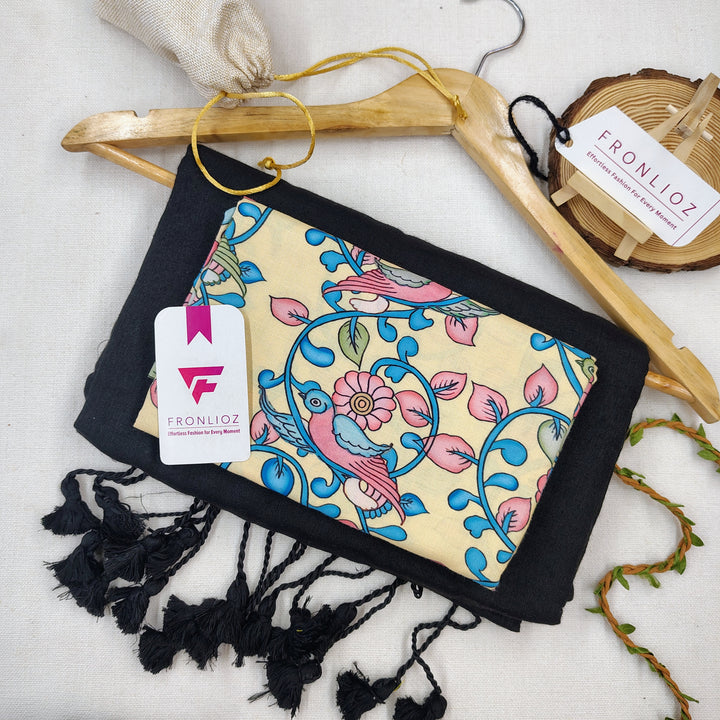 Black Handloom Cotton Saree With Tassels & Printed Blouse-Fronlioz