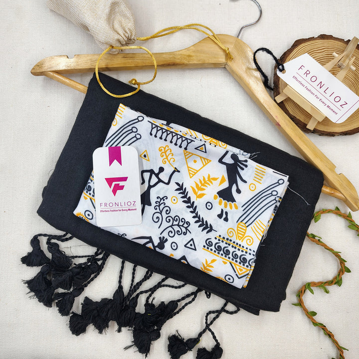 Black Handloom Cotton Saree With Tassels & Printed Blouse-Fronlioz