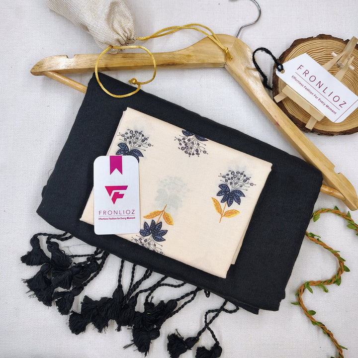 Black Handloom Cotton Saree With Tassels & Printed Blouse-Fronlioz