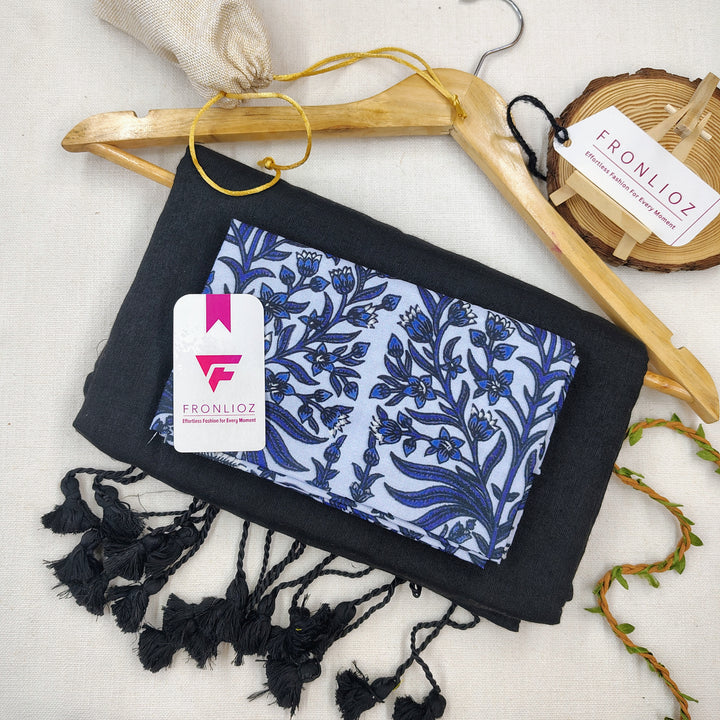 Black Handloom Cotton Saree With Tassels & Printed Blouse-Fronlioz