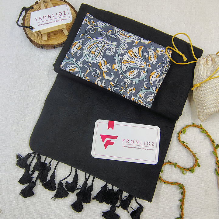 Black Handloom Cotton Saree With Tassels & Printed Blouse-Fronlioz