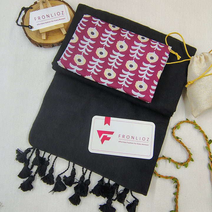Black Handloom Cotton Saree With Tassels & Printed Blouse-Fronlioz