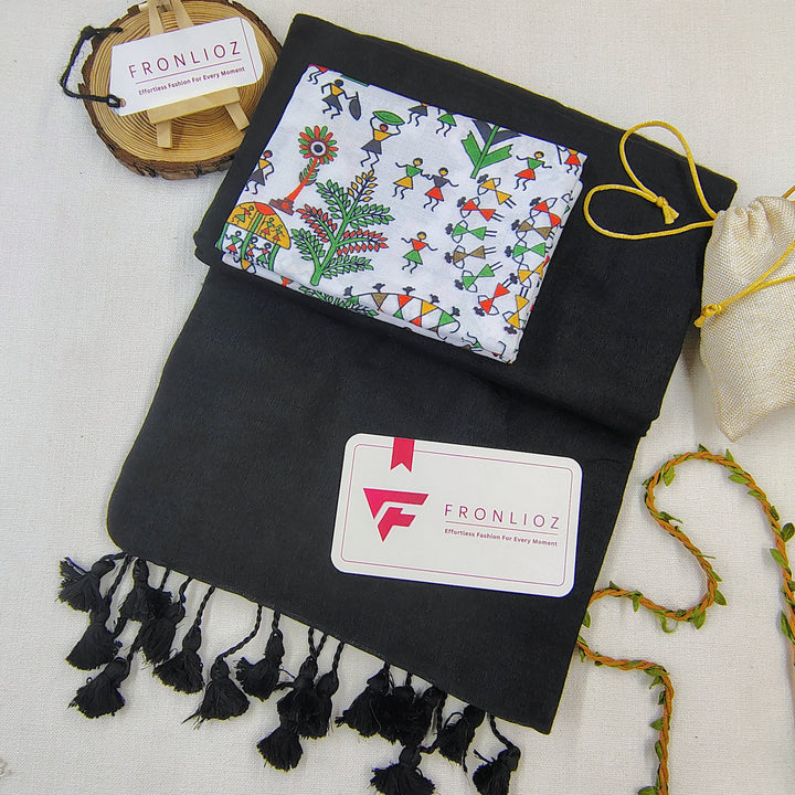 Black Handloom Cotton Saree With Tassels & Printed Blouse-Fronlioz