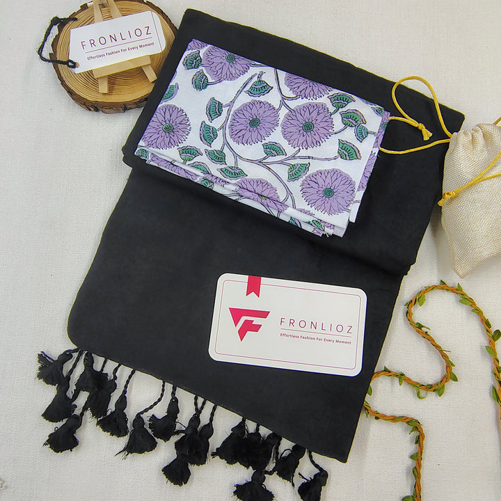 Black Handloom Cotton Saree With Tassels & Printed Blouse-Fronlioz